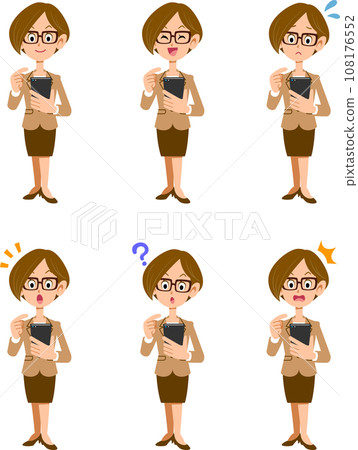 戴著眼鏡操作智慧型手機的女商人，6 種不同的臉部表情，全身 108176552