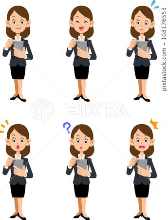 Business woman operating a smartphone, 6 different facial expressions, whole body 108176553