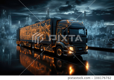 Truck with illumination on a trailer in the form of a symbolic map of the world against the backdrop of a metropolis 108176782
