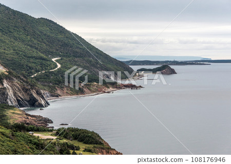 A panoramic view of the Cape Breton Island Coast line cliff scenic Cabot Trail route, Nova Scotia Hghlands Canada 108176946