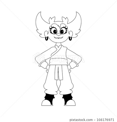 Cartoon funny and fabulous Viking or Chinese warrior girl. Coloring style 108176971