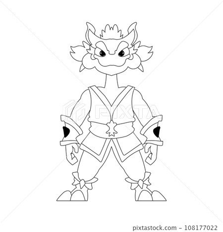 Mystical Shaolin warrior in the form of a Chinese dragon cartoon character. Coloring style 108177022