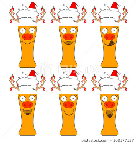 Christmas beer glasses in santa claus hats with deer faces and garlands on horns. The funny characters laugh and smile. Isolated vector new year illustrations, icons on white background. 108177137