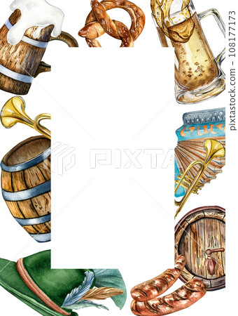 Vertical frame of watercolor beer fest. Wooden barrel, pint of beer, German hat, accordion illustration isolated on white. Pretzel, trumpet, hops hand drawn. Design for beer festival, Oktoberfest 108177173