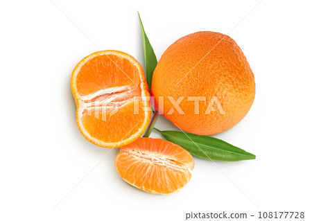 Tangerine or clementine with green leaf isolated on white background with full depth of field. Top view. Flat lay 108177728