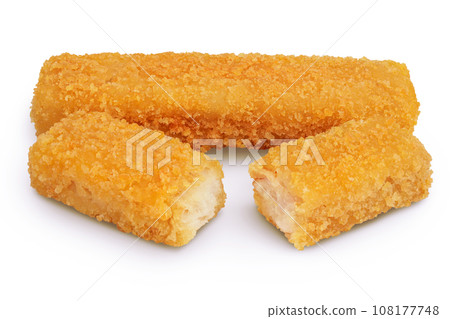Fish finger or stick isolated on white background with full depth of field Fish finger or stick isolated on white background with full depth of field 108177748