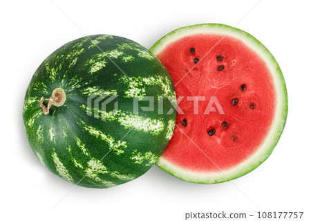 half of watermelon isolated on white background. Top view. Flat lay half of watermelon isolated on white background. Top view. Flat lay 108177757