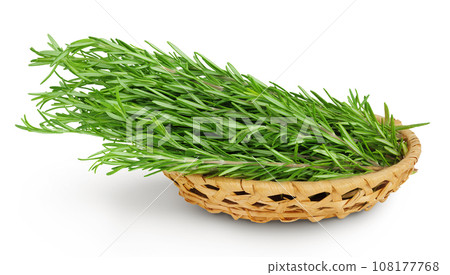 Rosemary twig and leaves in a wicker basket isolated on white background Rosemary twig and leaves in a wicker basket isolated on white background 108177768