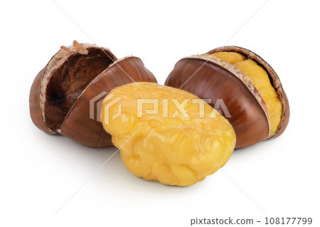 roasted peeled chestnut isolated on white background wit full depth of field. roasted peeled chestnut isolated on white background wit full depth of field. 108177799