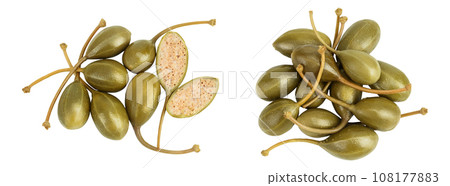 Capers isolated on white background. Pickled or canned capers. Top view. Flat lay Capers isolated on white background. Pickled or canned capers. Top view. Flat lay 108177883