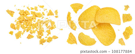Potato chips isolated on white background with full depth of field. Top view. Flat lay. 108177884
