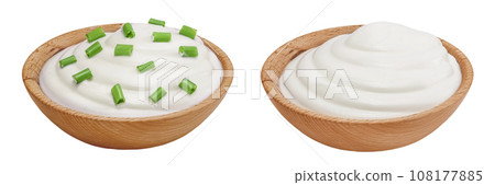 sour cream or yogurt in wooden bowl with green onion isolated on white background with full depth of field sour cream or yogurt in wooden bowl with green onion isolated on white background with full depth of field 108177885