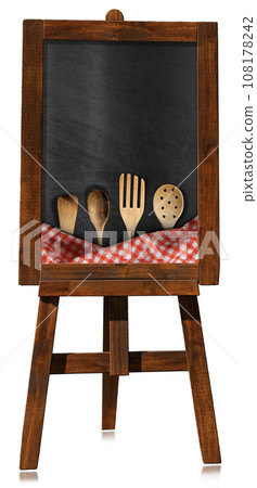Empty Blackboard with Wooden Easel and Wooden Kitchen Utensils 108178242