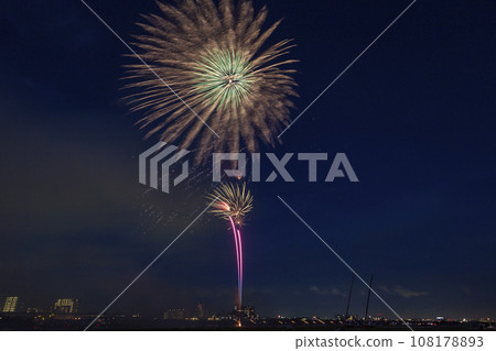 Fireworks blooming in the night sky, fireworks display shining high, fireworks, night sky, fireworks image, fireworks display 108178893