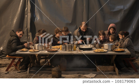 Refugee mixed-race family at migration camp Refugee mixed-race family at migration camp 108179065