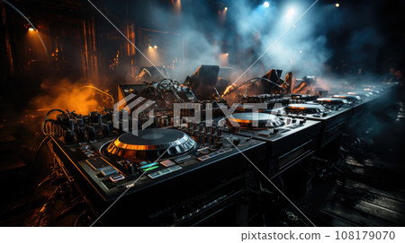 Expert adjusting audio mixing on stage with smoke in the background 108179070