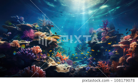underwater coral reef landscape background in the deep blue ocean with colorful fish and marine life 108179078