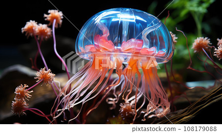 Jellyfish with a purple body and blue tentacles is swimming in the water with a blue background and a blue sky Jellyfish with a purple body and blue tentacles is swimming in the water with a blue background and a blue sky 108179088