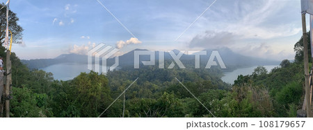 beautiful panorama of beautiful countryside of twin lake in bali. sunny afternoon. wonderful springtime landscape in mountains 108179657