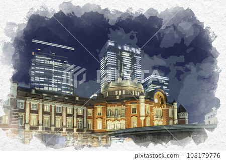 水彩風格的東京站丸之內車站大樓南圓頂東京千代田區 108179776