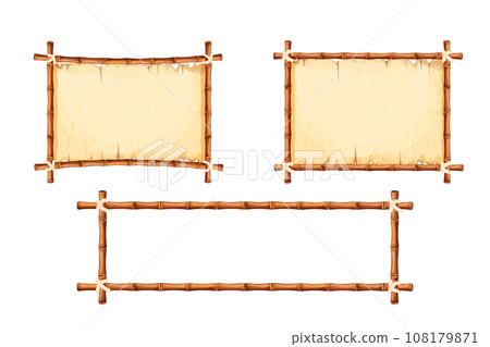 Set Bamboo frames with old parchment paper decorated with rope in cartoon style isolated on white background. Game ui board, sign Set Bamboo frames with old parchment paper decorated with rope in cartoon style isolated on white background. Game ui board, sign 108179871