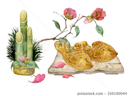 Watercolor hand drawn traditional Japanese sweets. Ceramic dish, taiyaki, camellia, kadomatsu. Isolated on white background. Design for invitations, restaurant menu, greeting cards, print, textile Watercolor hand drawn traditional Japanese sweets. Ceramic dish, taiyaki, camellia, kadomatsu. Isolated on white background. Design for invitations, restaurant menu, greeting cards, print, textile 108180044