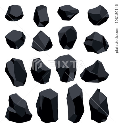 Collection of coal black mineral resources. Pieces of fossil stone. Polygonal shapes set. Black rock stones of graphite or charcoal. Energy resource charcoal icons 108180146
