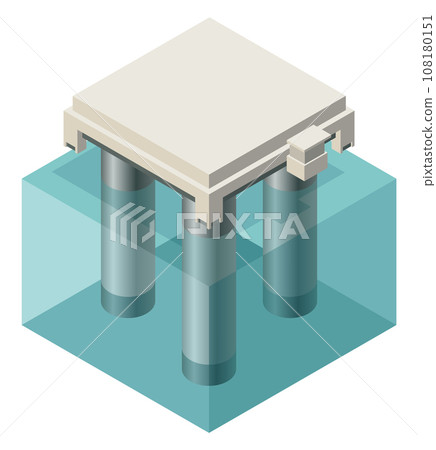 Oil gas platform isometric icon composition. Offshore mining element of depot petroleum products with drilling rig platform. Item for extraction from under the sea bed deposits 108180151