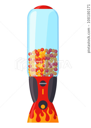 Gumball machine icon. Transparent round glass candy dispenser with colorful bubble gum. Vending machine. Container sweets balls penny coin. Vector illustration isolated on white Gumball machine icon. Transparent round glass candy dispenser with colorful bubble gum. Vending machine. Container sweets balls penny coin. Vector illustration isolated on white 108180171