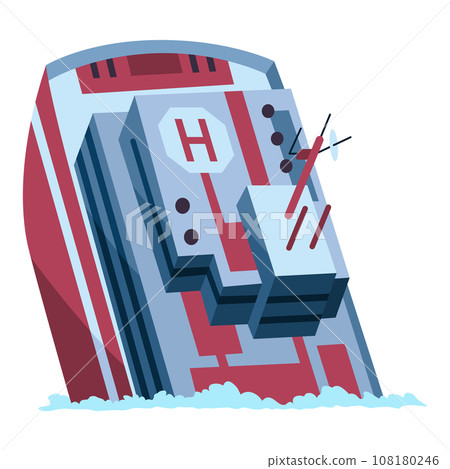 Damaged ship. Crash or accident in sea. Marine catastrophe. Cargo ship sinking in flat design. Vessel failure, rescue problem nautical transportation 108180246