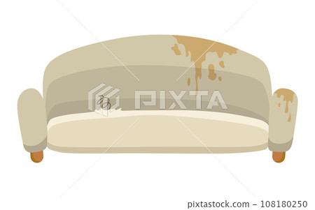 Broken sofa icon. Torn old couche for living room isolated on white background. Damaged indoor old furniture messy seat of sofa. Vector interior object in cartoon style Broken sofa icon. Torn old couche for living room isolated on white background. Damaged indoor old furniture messy seat of sofa. Vector interior object in cartoon style 108180250
