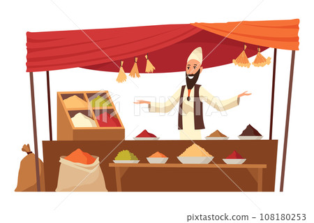 Asian street market or bazaar in old eastern city. Cartoon vendors selling in local marketplace. Sellers at counters or traditional retailing Asian street market or bazaar in old eastern city. Cartoon vendors selling in local marketplace. Sellers at counters or traditional retailing 108180253