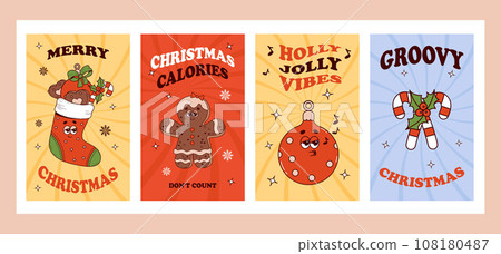 Christmas groovy postcards. Retro cartoon characters Gingerbread man, Christmas boot with gifts, cool toy ball and candy stick. Vibes 70s. Trendy New year greeting cards, posters, template 108180487