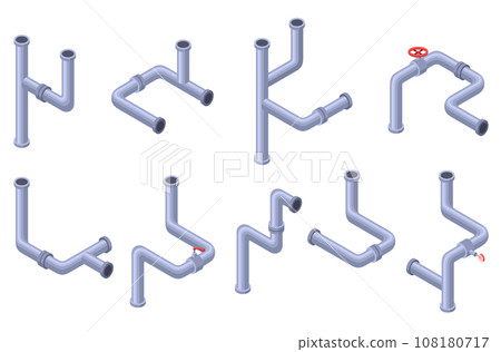 Pipes isometric set. Pipe tube for water. Plumbing construction pipeline with serviceable element. 3d industrial water system 108180717