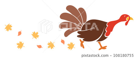 Turkey bird silhouette runs with autumn leaves on a white background. Thanksgiving Day Turkey bird silhouette runs with autumn leaves on a white background. Thanksgiving Day 108180755