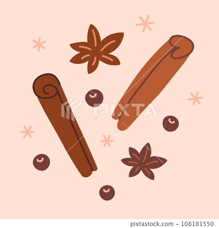 Cinnamon sticks hand drawn composition, doodle icons of star anise and coriander, vector illustrations of backing spices, seasoning sweet food, natural aroma herbs, colored clipart on white background 108181550