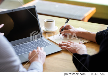 Asian men and women talking about cafe management policies Asian men and women talking about cafe management policies 108181582