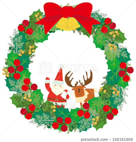 Cute vector illustration of Santa Claus and reindeer peeking out from a Christmas wreath Cute vector illustration of Santa Claus and reindeer peeking out from a Christmas wreath 108181809