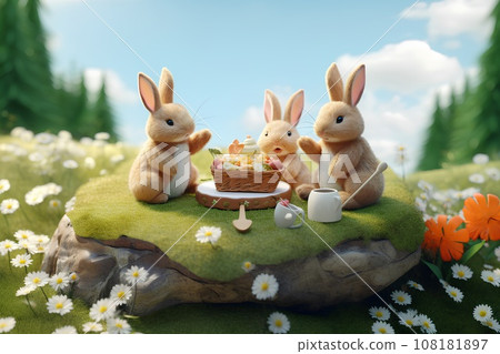 Rabbit Picnic (3D) Diorama 108181897