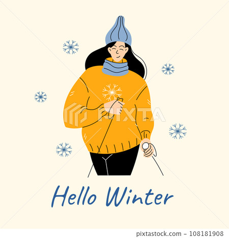 Woman with poles skiing or walking in winter Happy female sport character in sweater and knitted hat Woman with poles skiing or walking in winter Happy female sport character in sweater and knitted hat 108181908