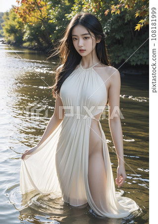 River Wet Dress Portrait of a bewitching woman (AI generated image) 108181999
