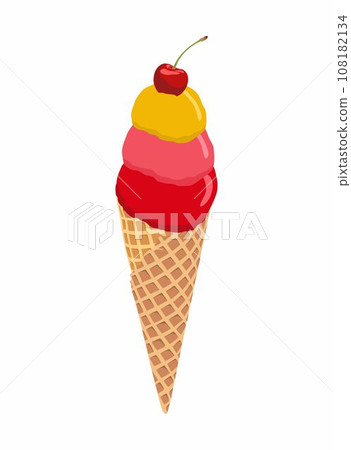 Cute ice cream cone cartoon illustration. Flat design with cherry. Isolated on white background. Scoops of ice cream 108182134