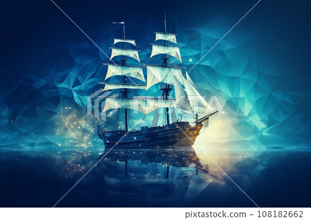 “AI generated image” of a ship sailing on a wide ocean 108182662