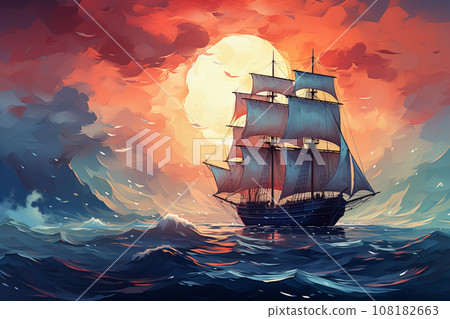 “AI generated image” of a ship sailing on a wide ocean 108182663