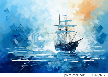 “AI generated image” of a ship sailing on a wide ocean 108182667