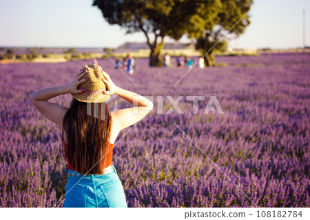 A happy woman wearing straw hat in blooming lilac lavender field back view  108182784