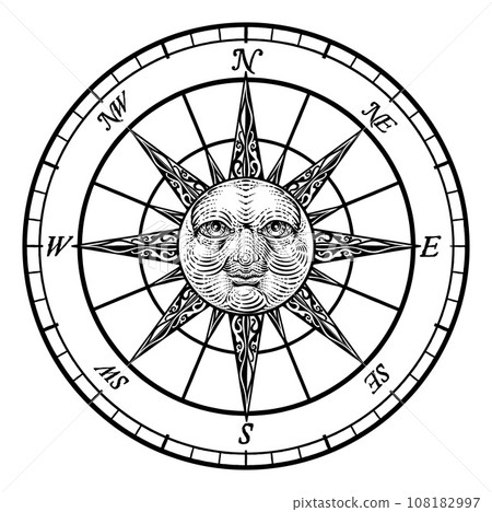 Compass Sun Face Etching Rose Woodcut Drawing Compass Sun Face Etching Rose Woodcut Drawing 108182997