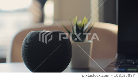 Smart Home Speaker with assistant to play music, static on desk. Concept of a smart home. Smart Home Speaker with assistant to play music, static on desk. Concept of a smart home. 108183057