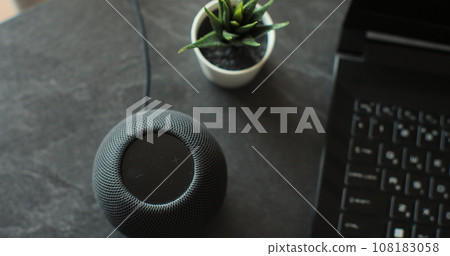 HomePod Mini speaker with assistant to play music, static on desk. Concept of a smart home. HomePod Mini speaker with assistant to play music, static on desk. Concept of a smart home. 108183058