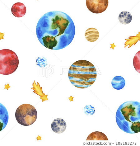 Seamless pattern galaxy with planets. Clip art solar system: sun, earth, moon, mercury, asteroid, jupiter, mars, saturn, venus, uranus, in space. Watercolor Illustration of outer space with stars Seamless pattern galaxy with planets. Clip art solar system: sun, earth, moon, mercury, asteroid, jupiter, mars, saturn, venus, uranus, in space. Watercolor Illustration of outer space with stars 108183272